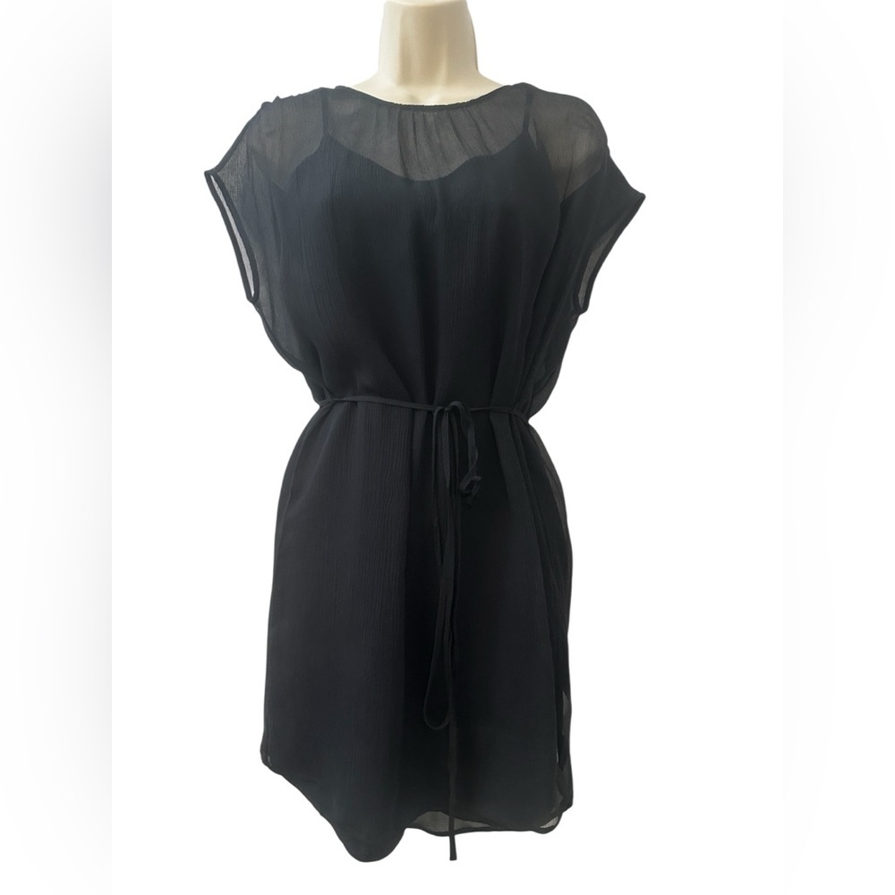 James Perse Womenās 0 Black 100% Silk Sheer Overlay Dress with Belt Slip Lined